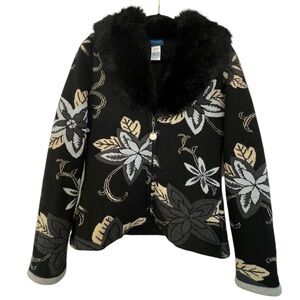 KENZO Quilted Knit Jacquard Jacket Faux Fur Collar